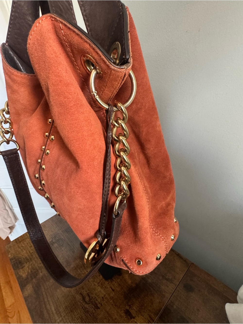 Michael Kors Orange Suede Studded Tote Bag with Gold Accents - Picture 3 of 7
